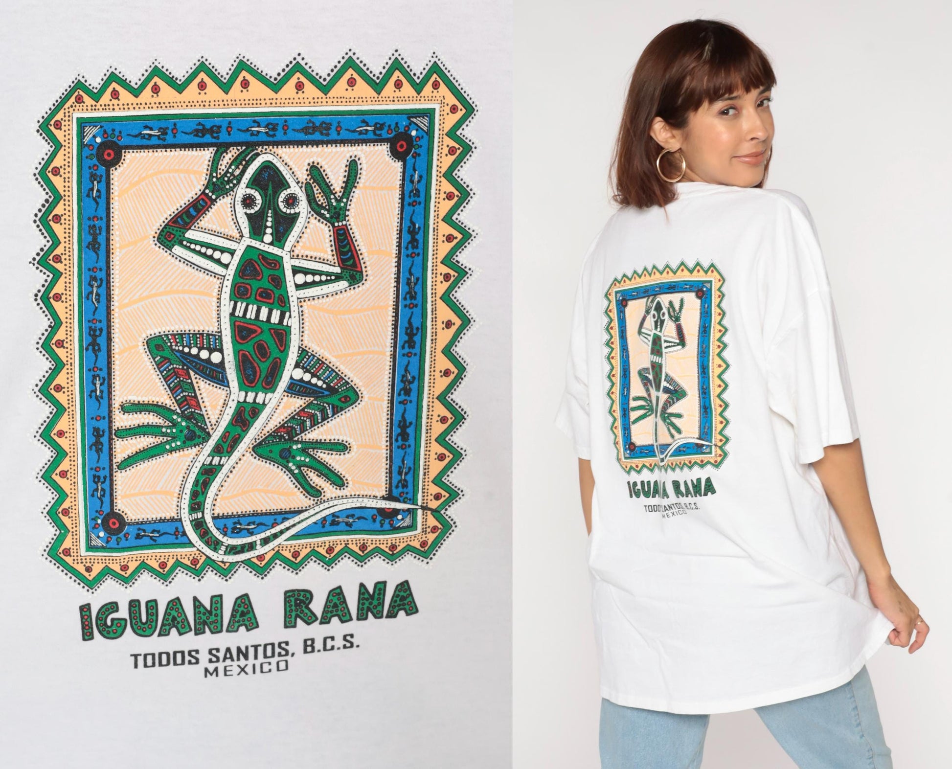 90s Todos Santos BCS Iguana Rana Lizard Graphic T-Shirt White Cotton XXL