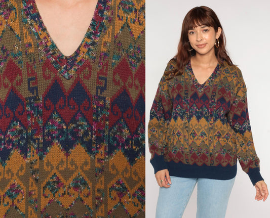 80s Scusa Abstract Geometric V-Neck Sweater Mustard Burgundy Olive Large L