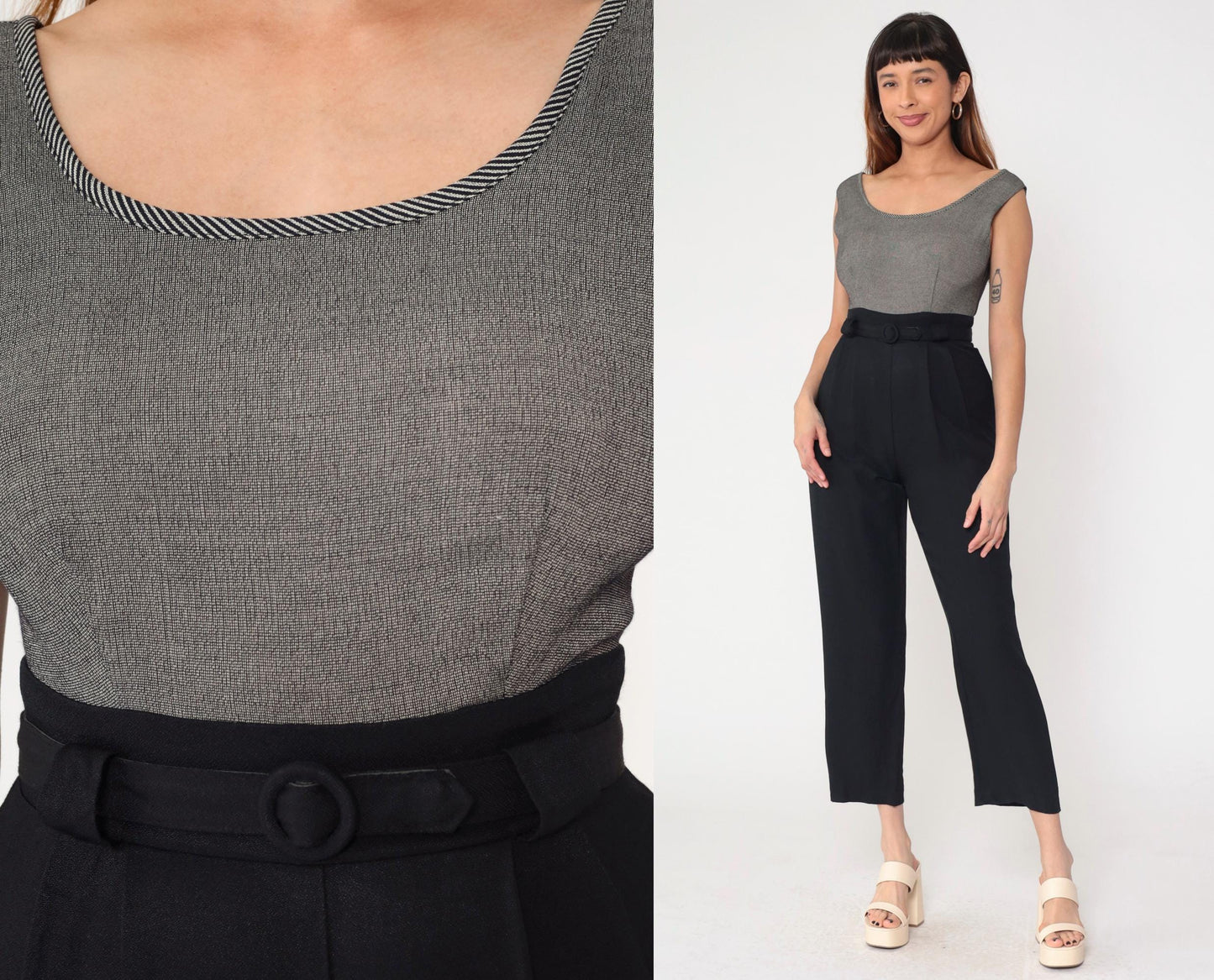 90s Black Jumpsuit Scoop Neck Sleeveless High Waist Straight Leg Small