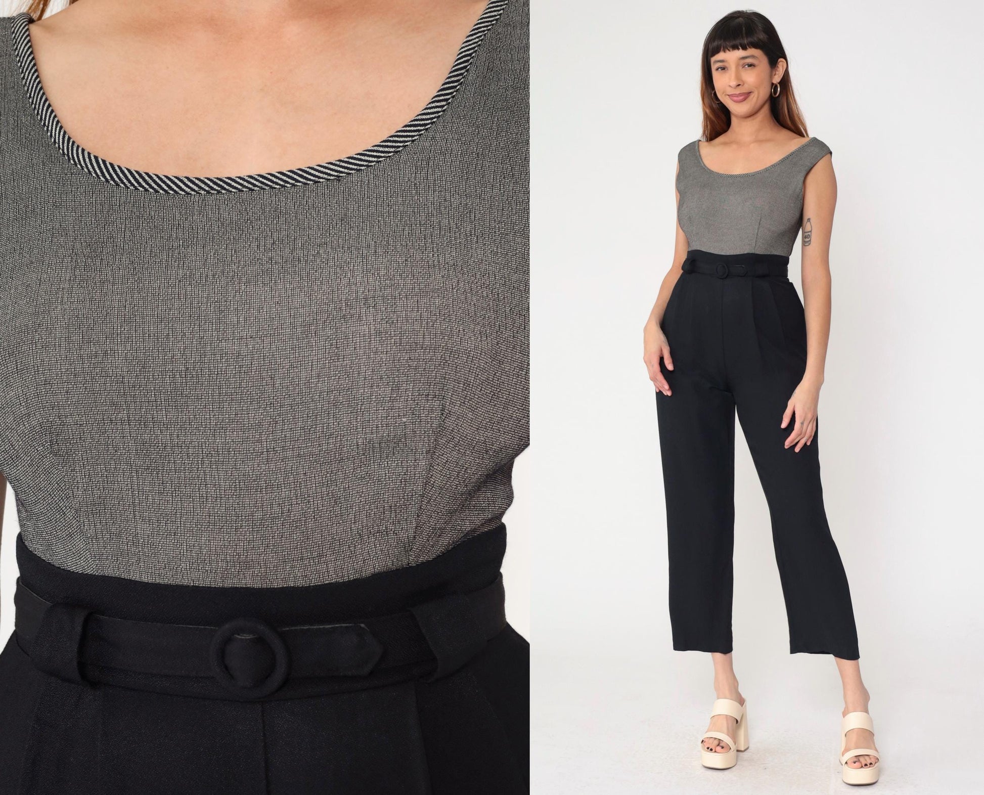 90s Black Jumpsuit Scoop Neck Sleeveless High Waist Straight Leg Small