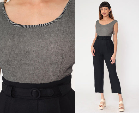 90s Black Jumpsuit Scoop Neck Sleeveless High Waist Straight Leg Small
