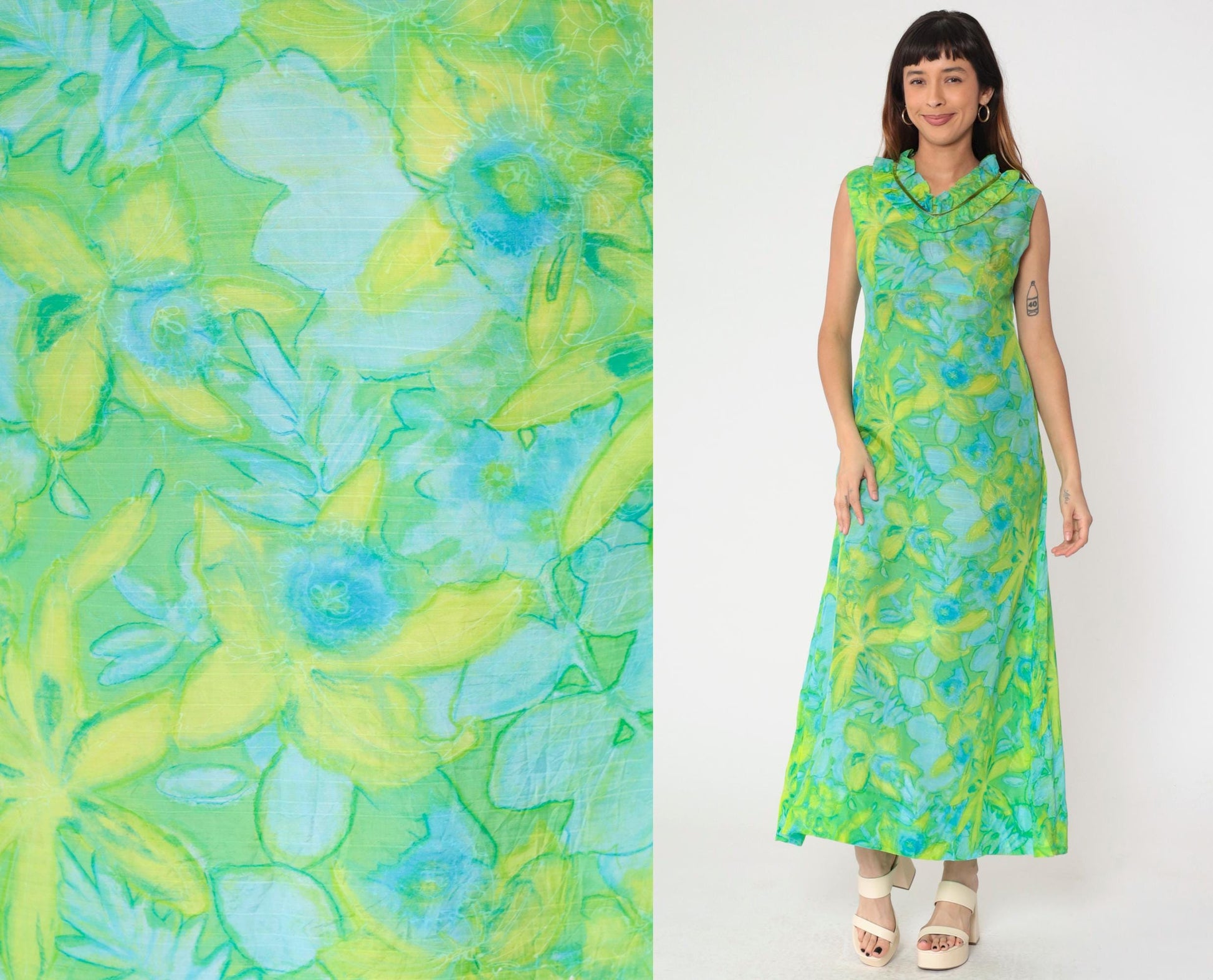 70s Green Floral Watercolor Maxi Dress Empire Waist Ruffled Neckline Medium