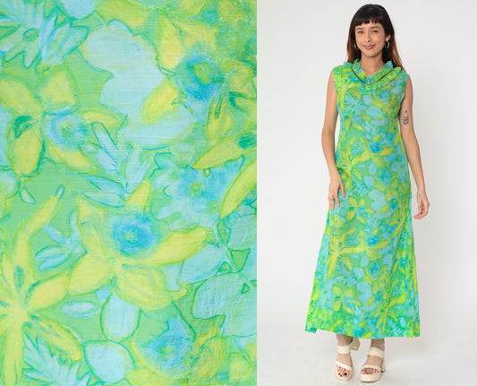 70s Green Floral Watercolor Maxi Dress Empire Waist Ruffled Neckline Medium