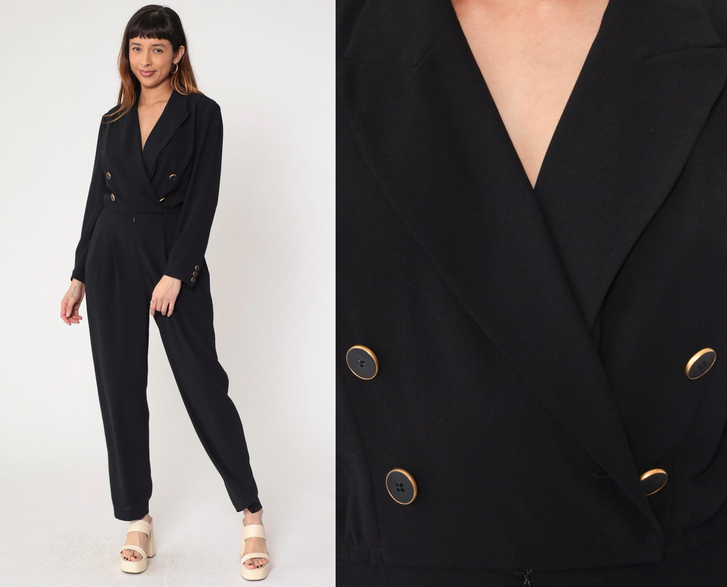 90s Liz Claiborne Black Double Breasted Jumpsuit Long Sleeve Small