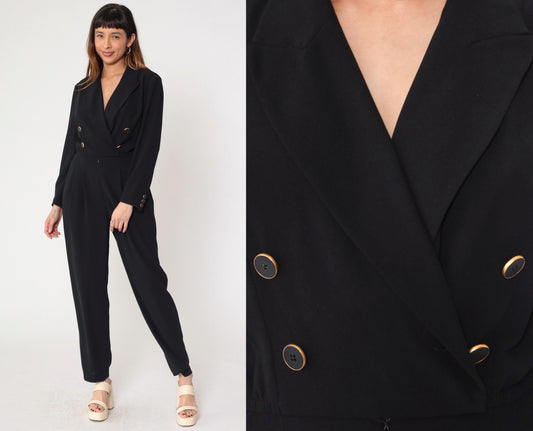 90s Liz Claiborne Black Double Breasted Jumpsuit Long Sleeve Small