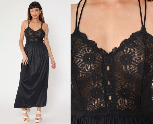 80s Black Lace Nylon Slip Dress Maxi Sweetheart Neckline Spaghetti Strap Small