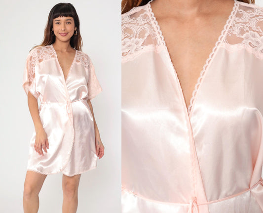 80s Baby Pink Satin Pajama Robe Lace Trim Wrap Belted Mini Medium