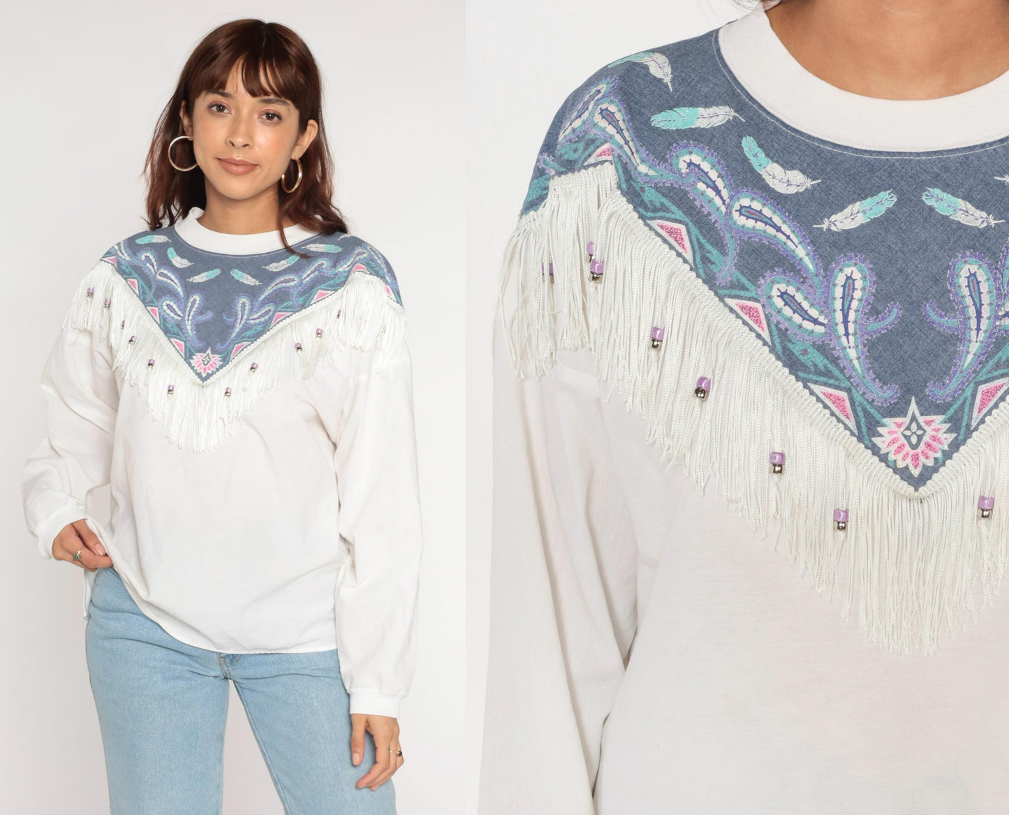 90s Southwest Fringe Long Sleeve T-Shirt White Beaded Yoke Paisley Large