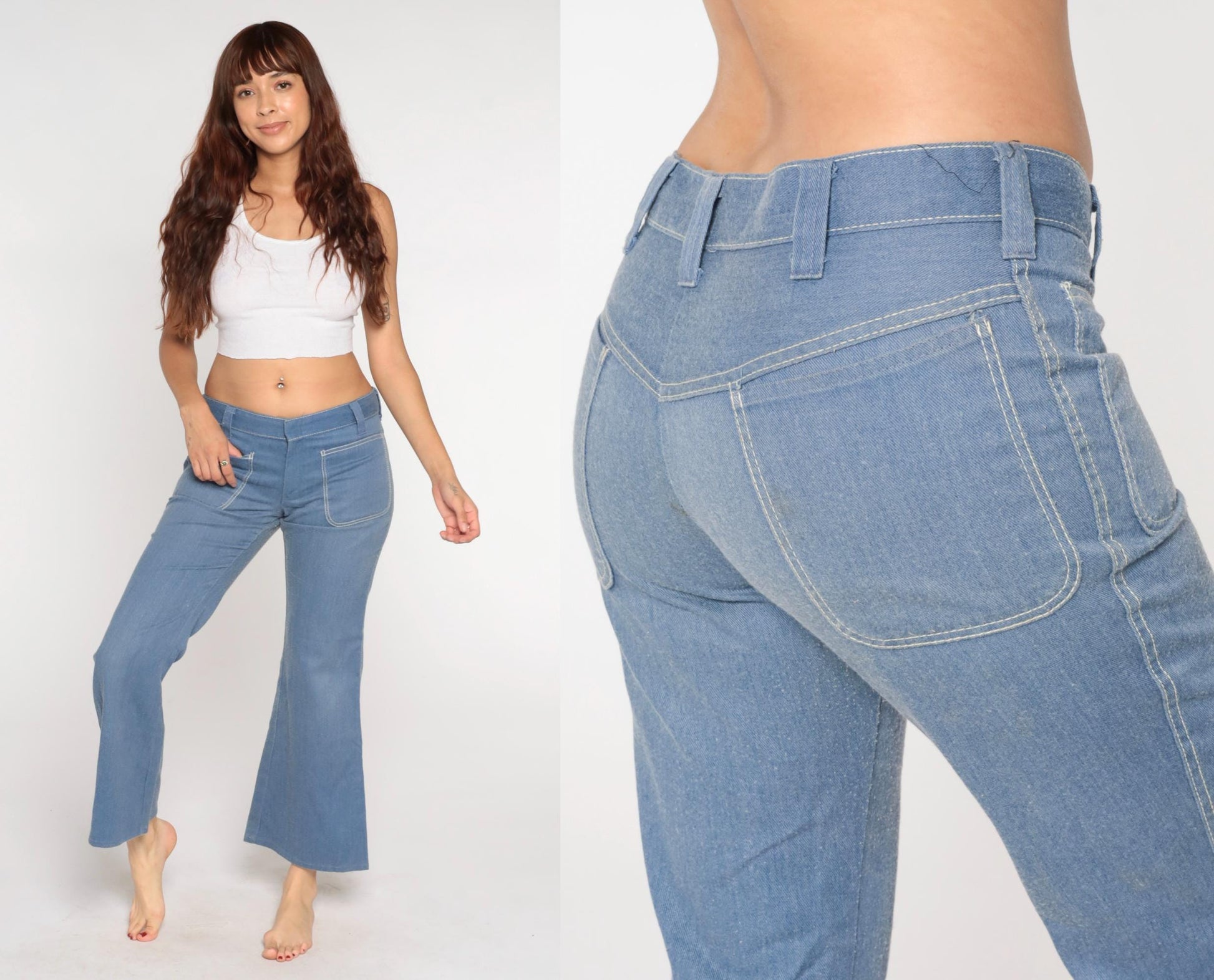 70s Blue Twill Bell Bottom Pants Mid Rise Flared Trousers Men's Medium