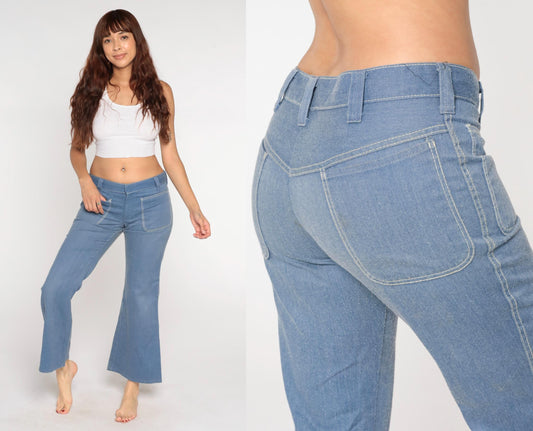 70s Blue Twill Bell Bottom Pants Mid Rise Flared Trousers Men's Medium