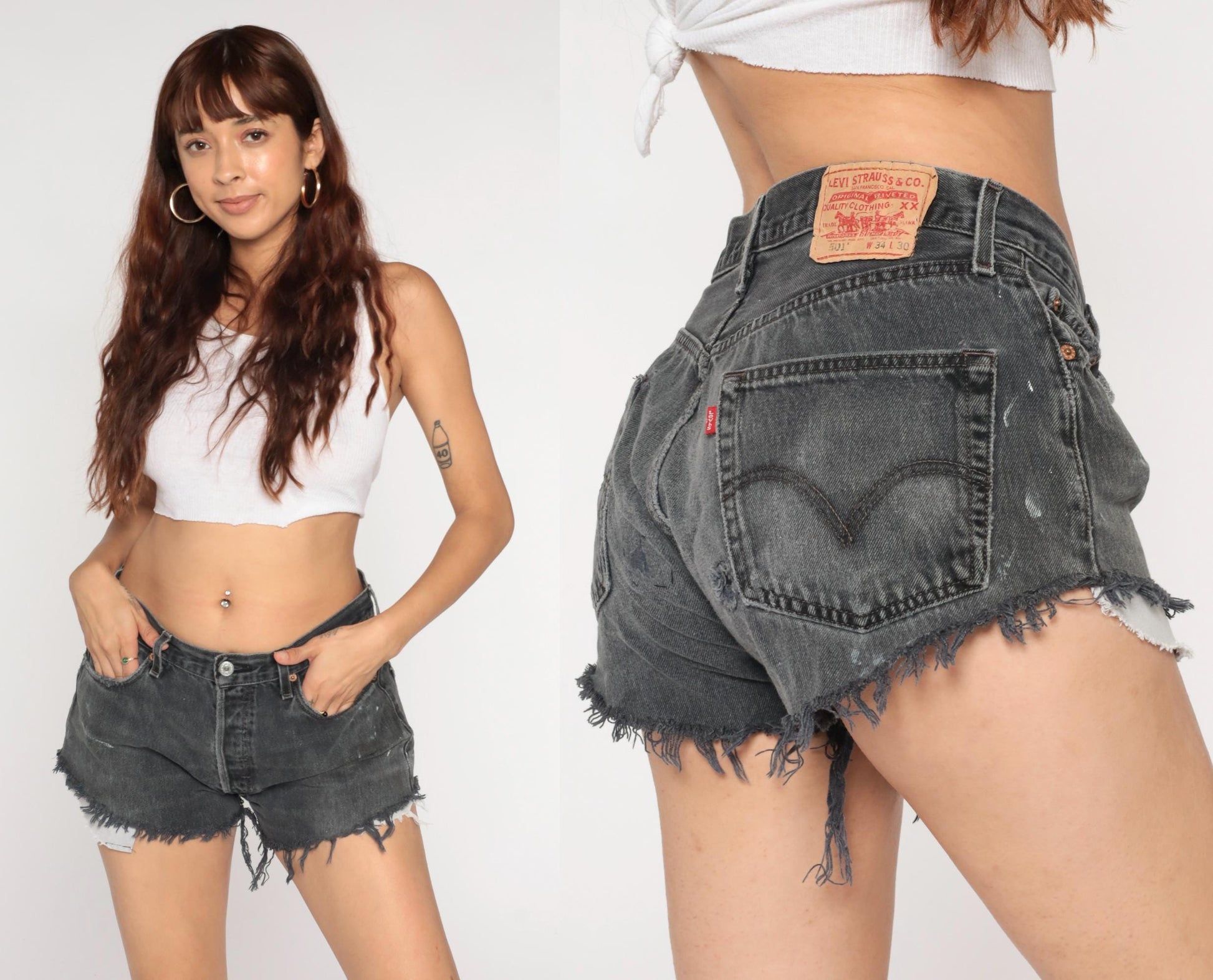 90s Levi's 501 Black Denim Cut-Off Shorts Distressed Frayed Medium