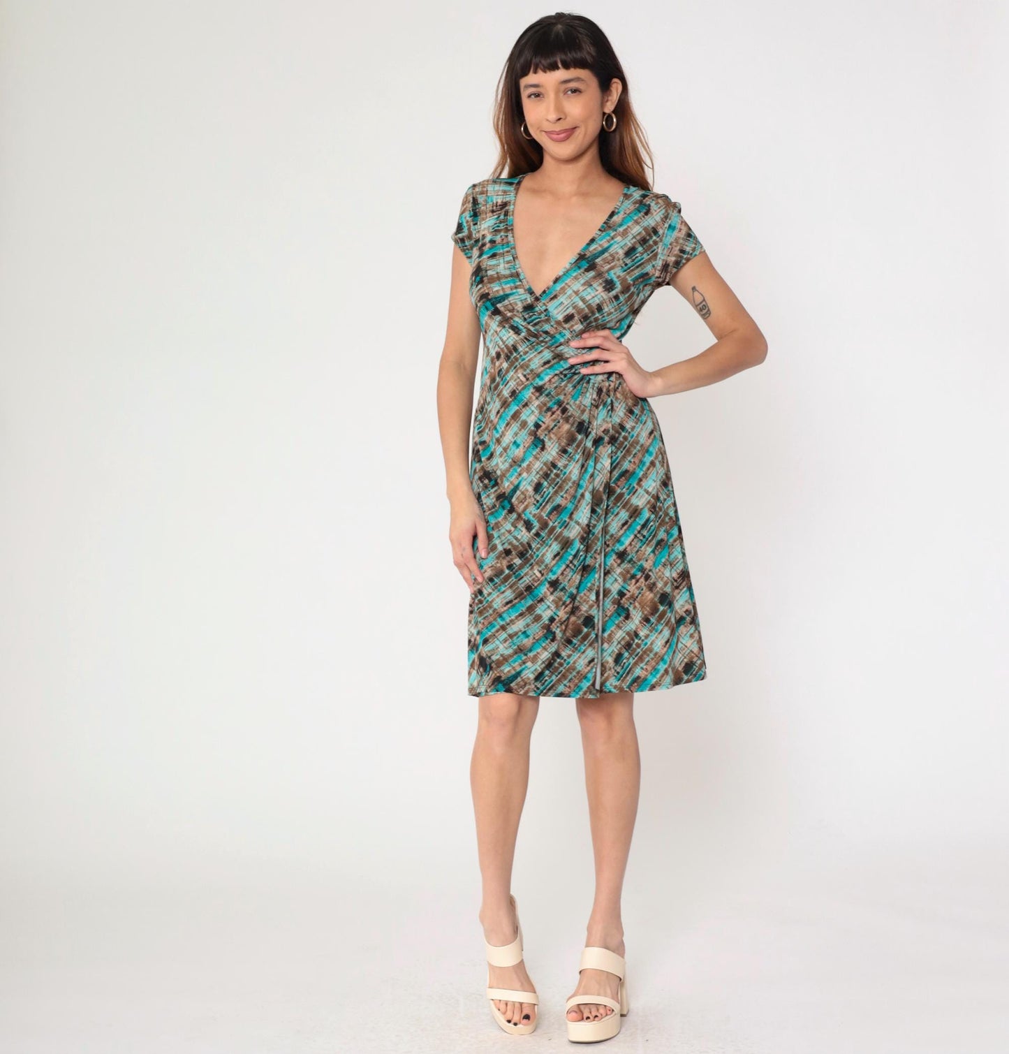 Y2K Abstract Striped Midi Wrap Dress Turquoise Brown Short Sleeve Small 6