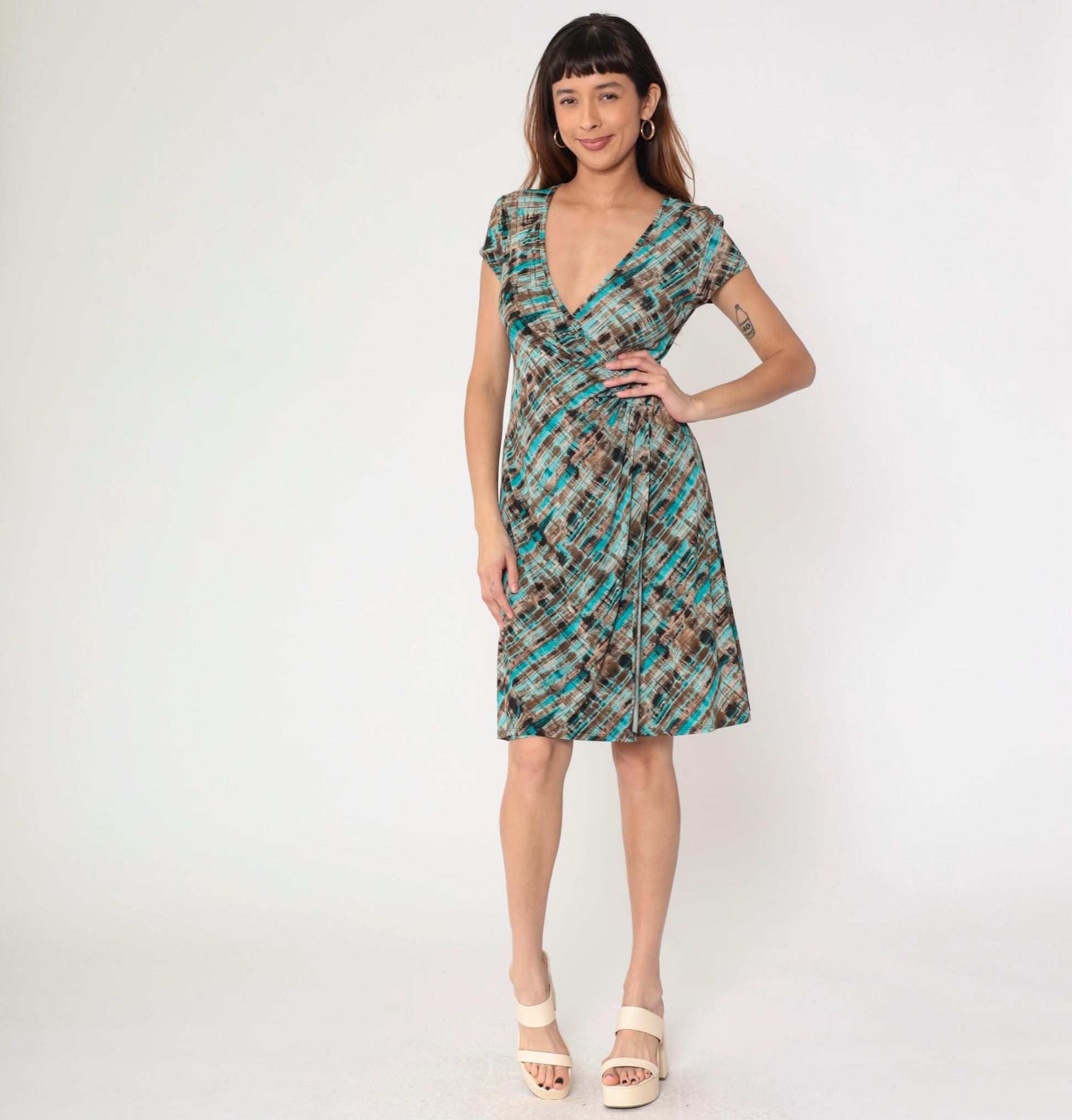 Y2K Abstract Striped Midi Wrap Dress Turquoise Brown Short Sleeve Small 6