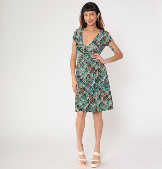 Y2K Abstract Striped Midi Wrap Dress Turquoise Brown Short Sleeve Small 6