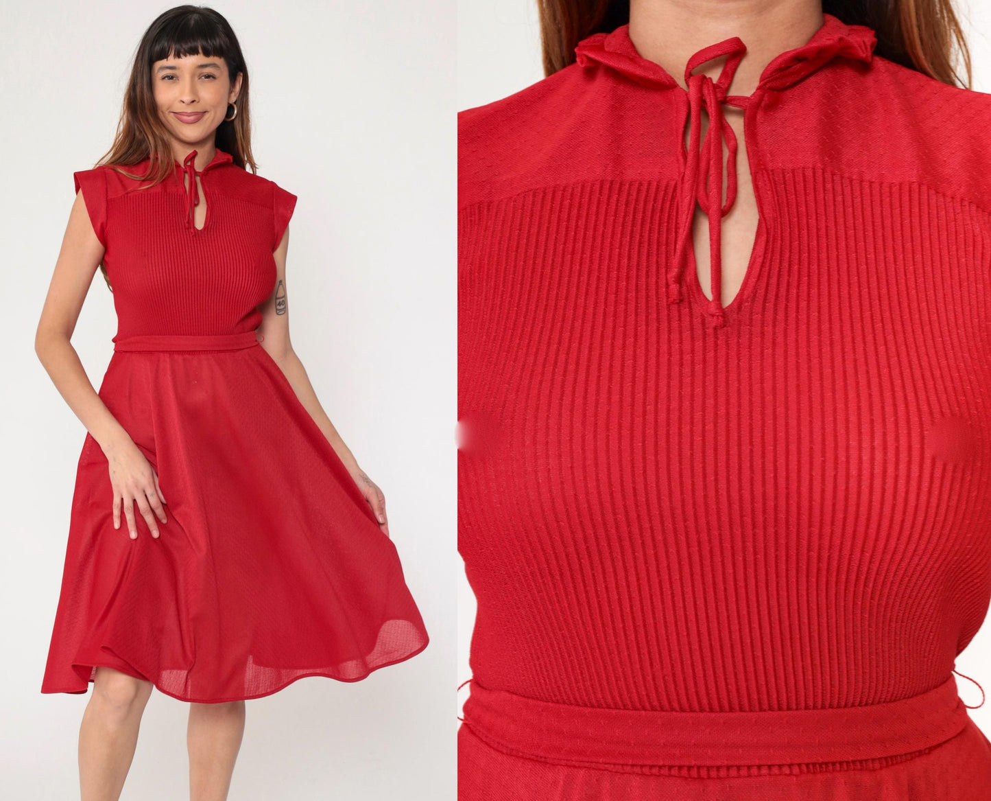 70s Red Keyhole Midi Dress Cap Sleeve High Waisted Pleated Extra Small