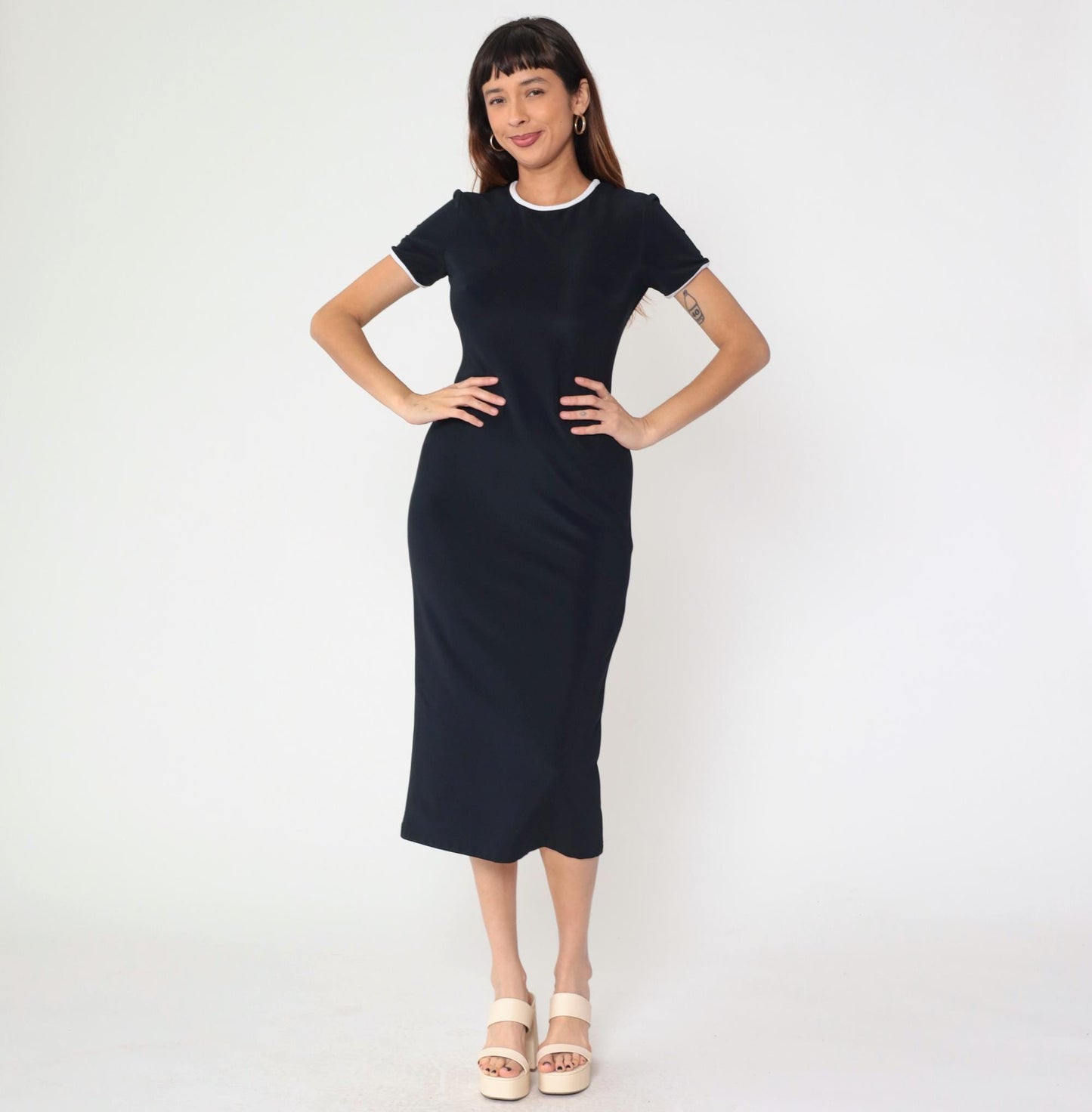 90s Black Bodycon Midi Dress White Ringer Trim Short Sleeve Small
