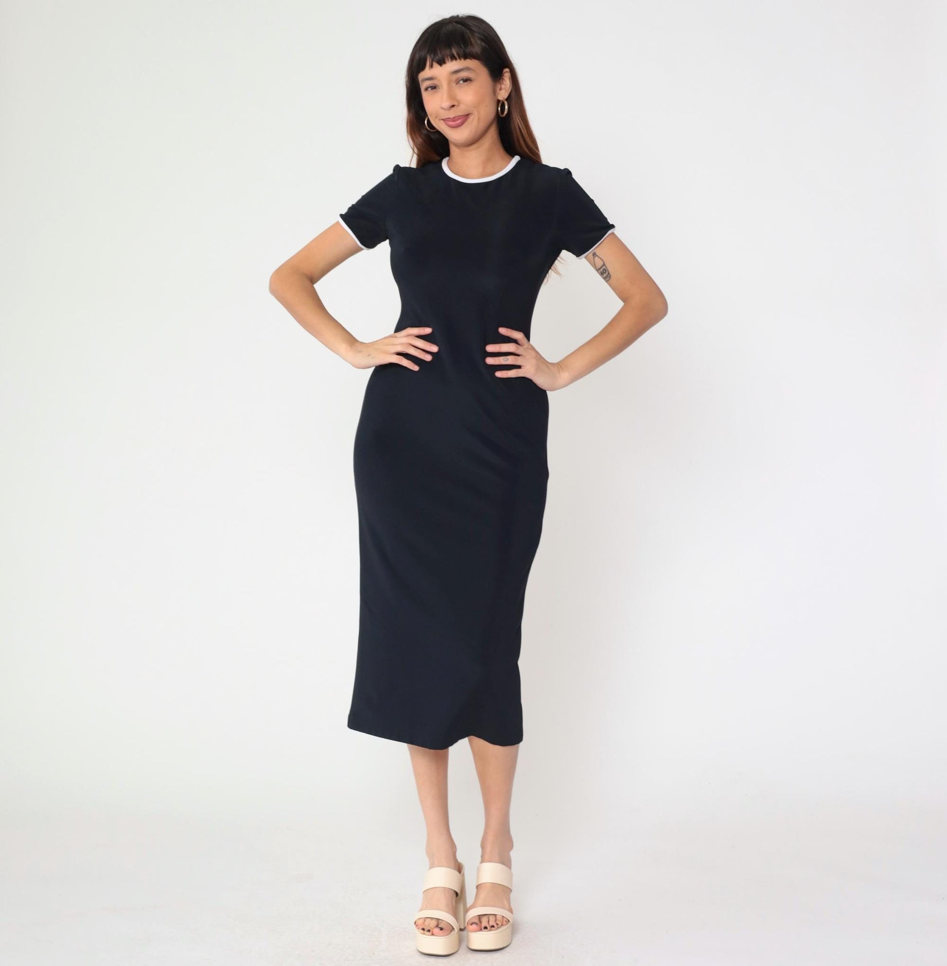 90s Black Bodycon Midi Dress White Ringer Trim Short Sleeve Small