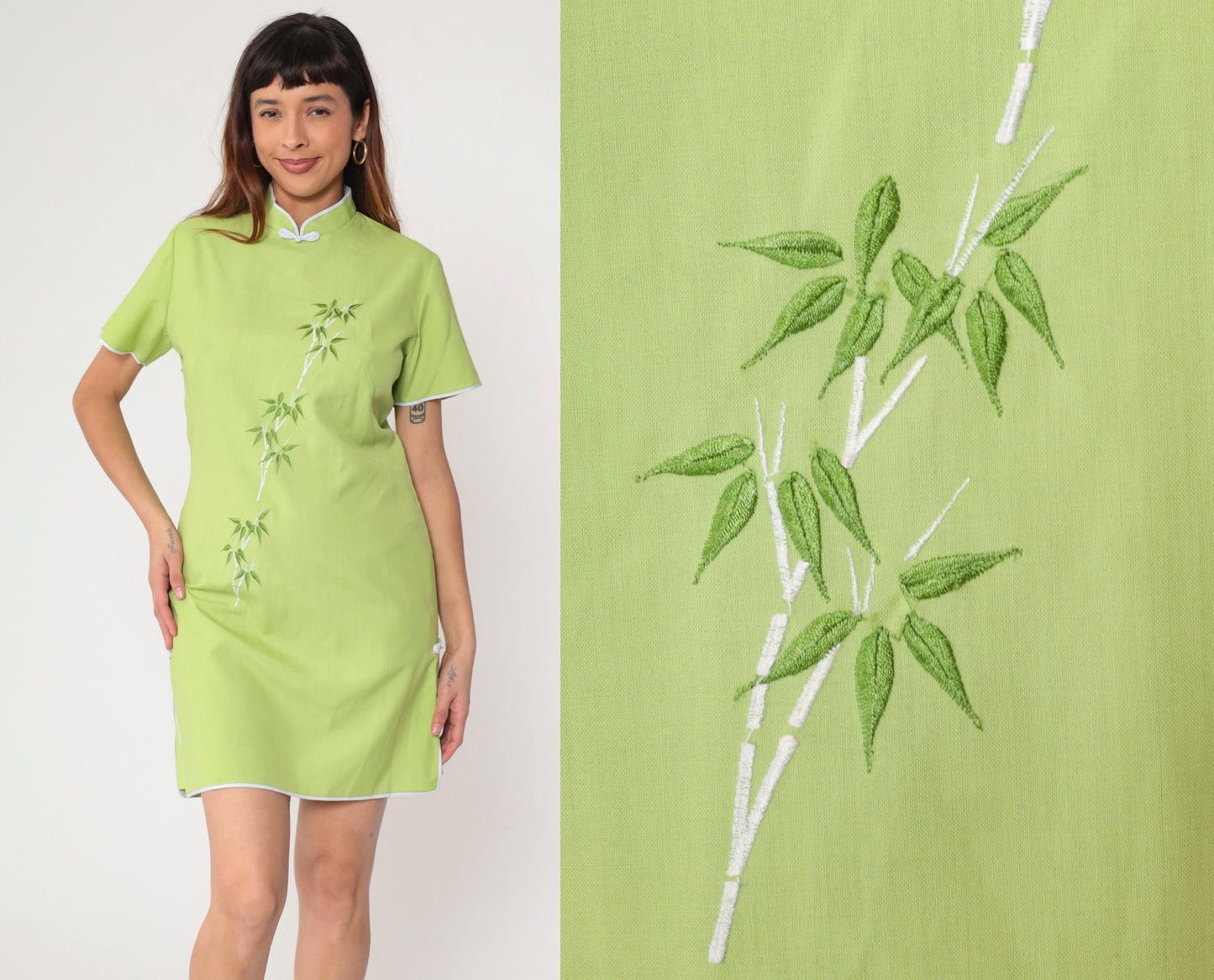 90s Lime Green Bamboo Embroidered Cheongsam Mini Dress Mandarin Collar Medium M