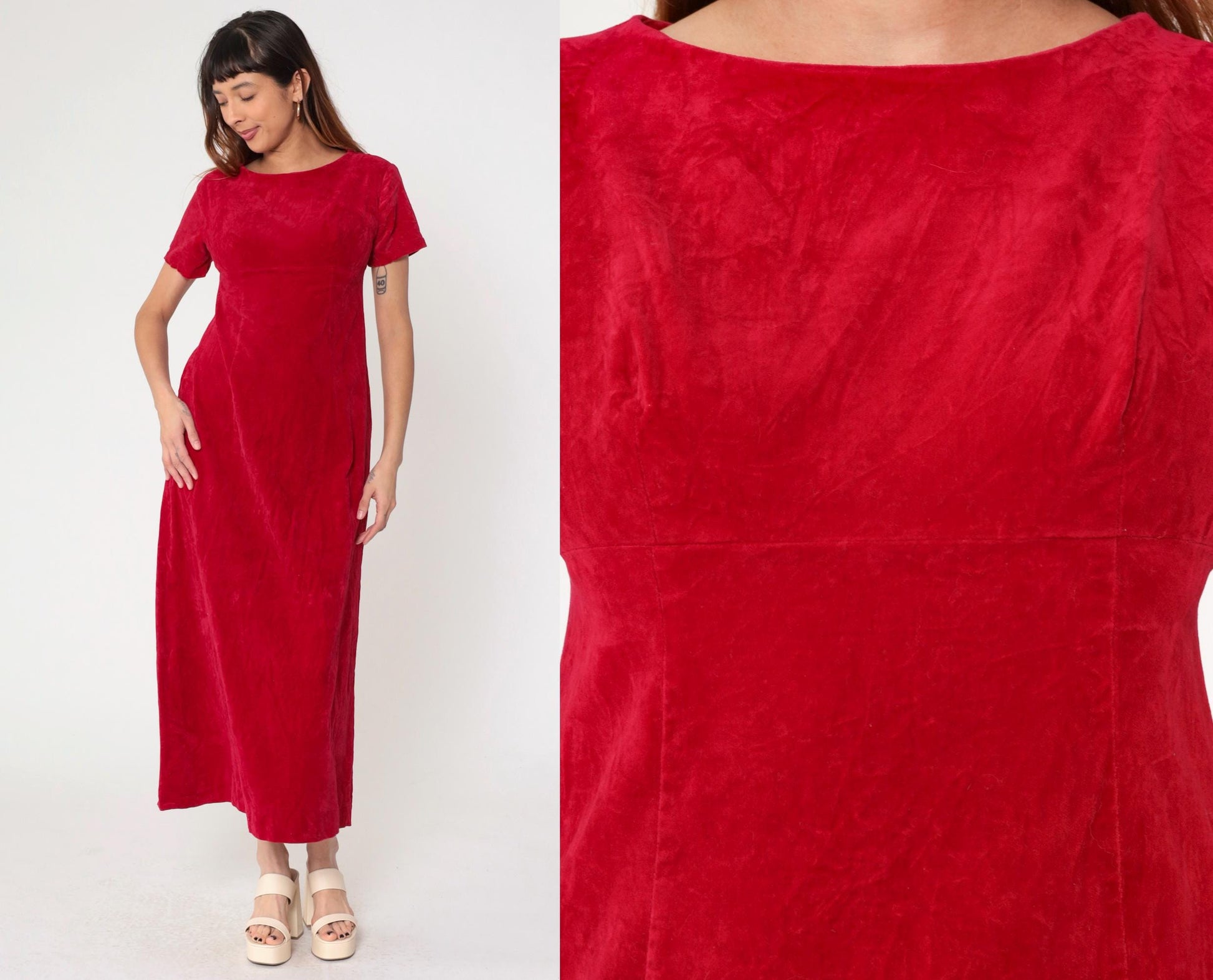 60s Red Velvet Maxi Dress Empire Waist Short Sleeve Small