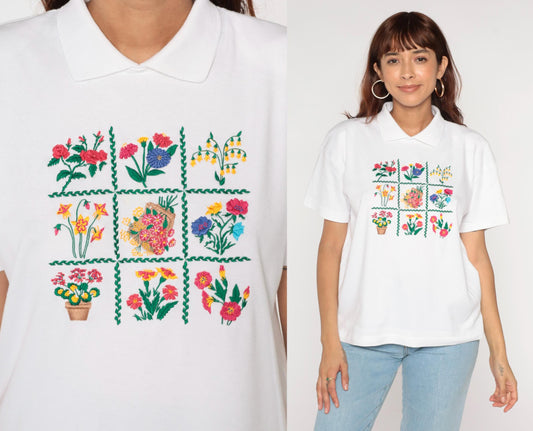 90s Jennifer Moore Petites Floral Embroidered Collared T-Shirt White Medium