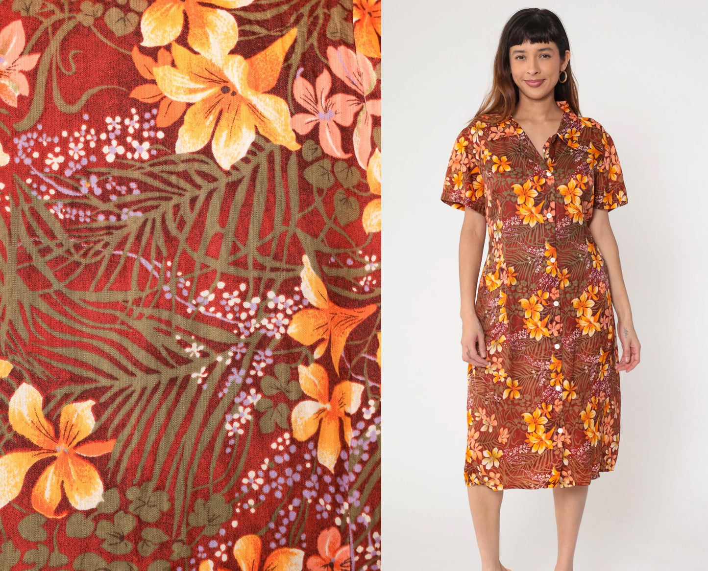 70s Floral Hawaiian Shift Dress Orange Tropical Button-Up Midi Extra Large