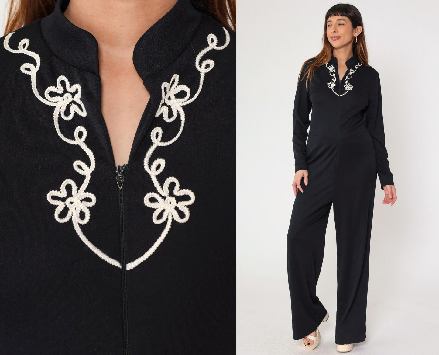 70s Black Jumpsuit White Floral Soutache Trim Straight Leg Long Sleeve Medium Large