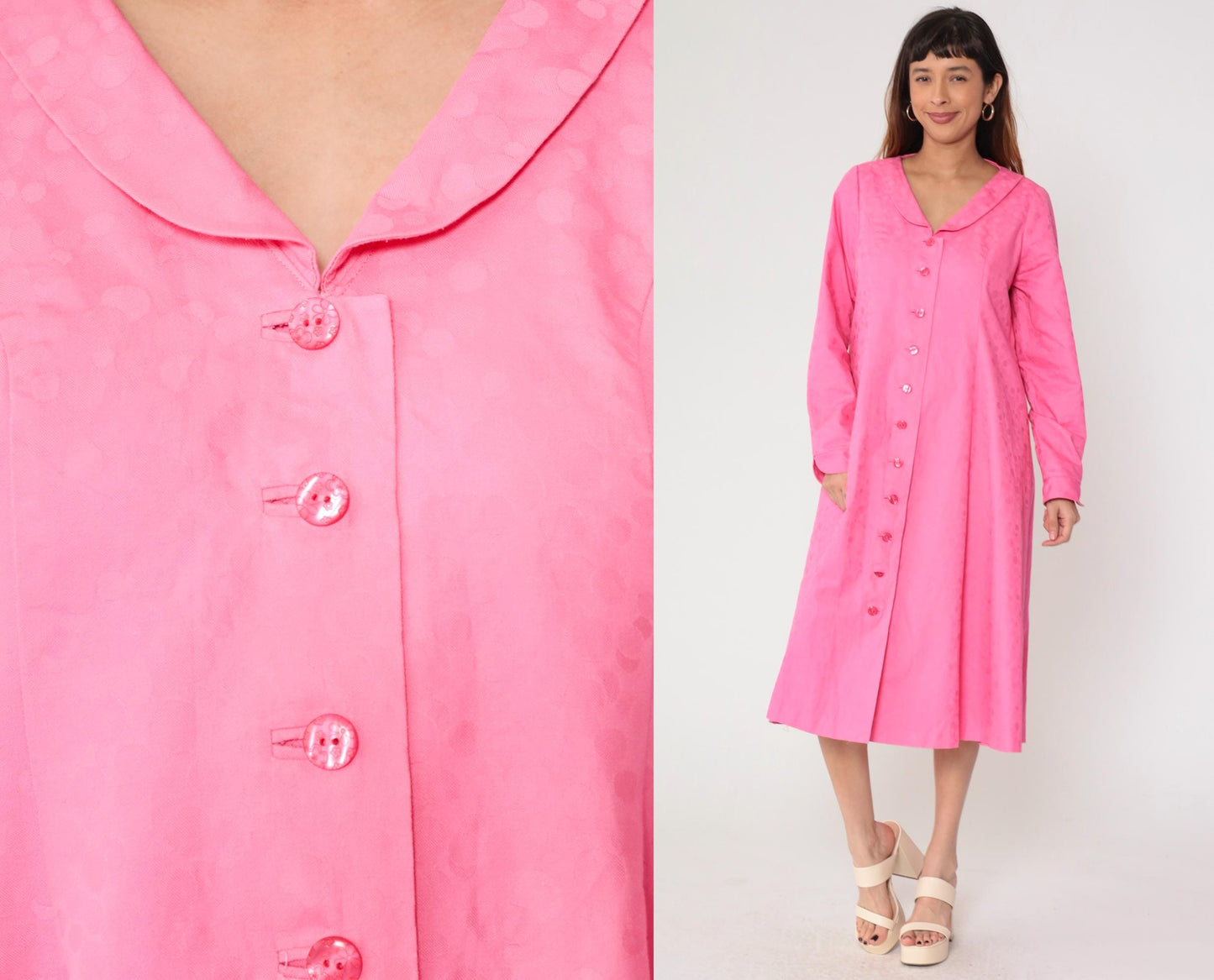 90s Fuchsia Jacquard Polka Dot Button-Up Midi Dress Long Sleeve Medium