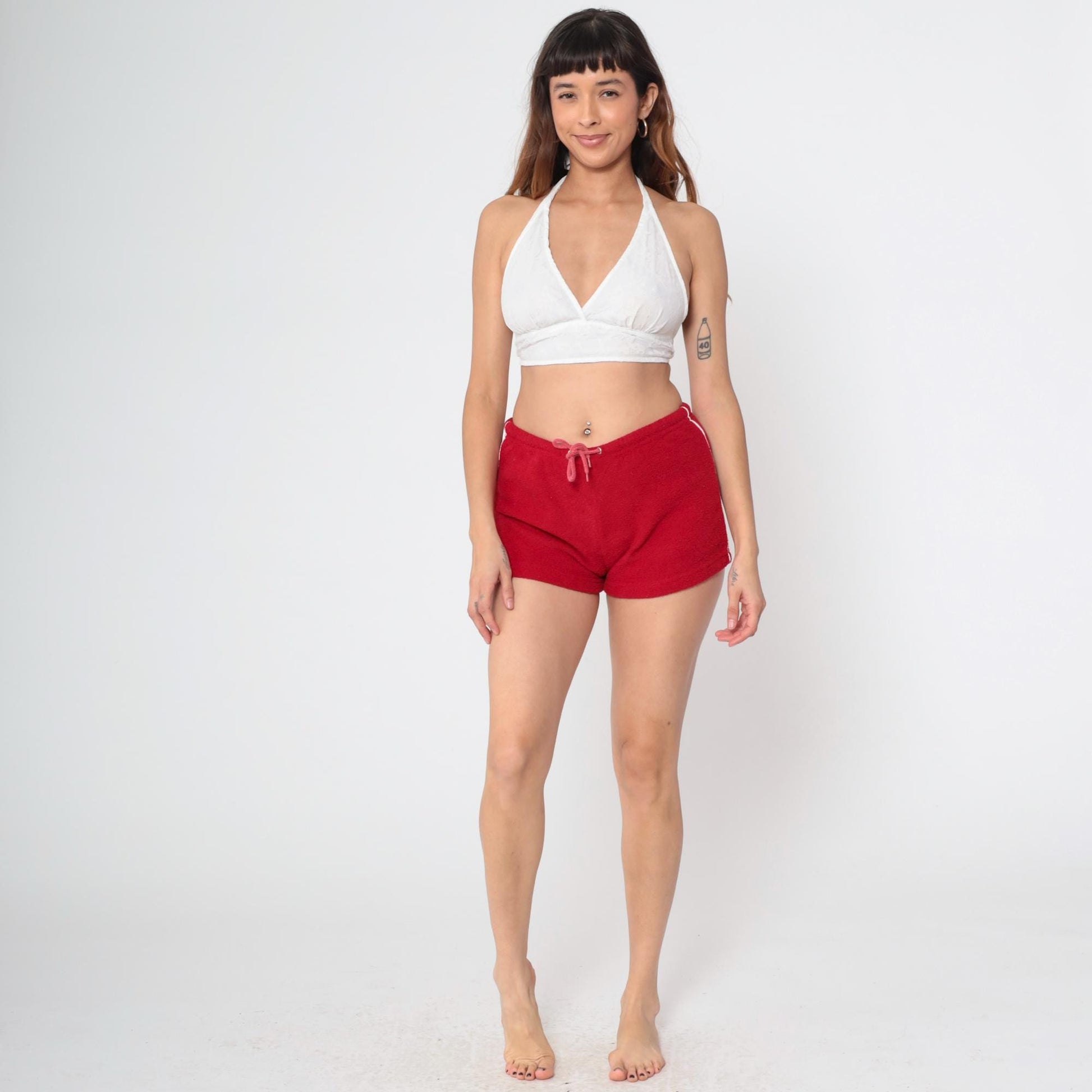 Y2K Red Terry Cloth Shorts White Striped Drawstring Small