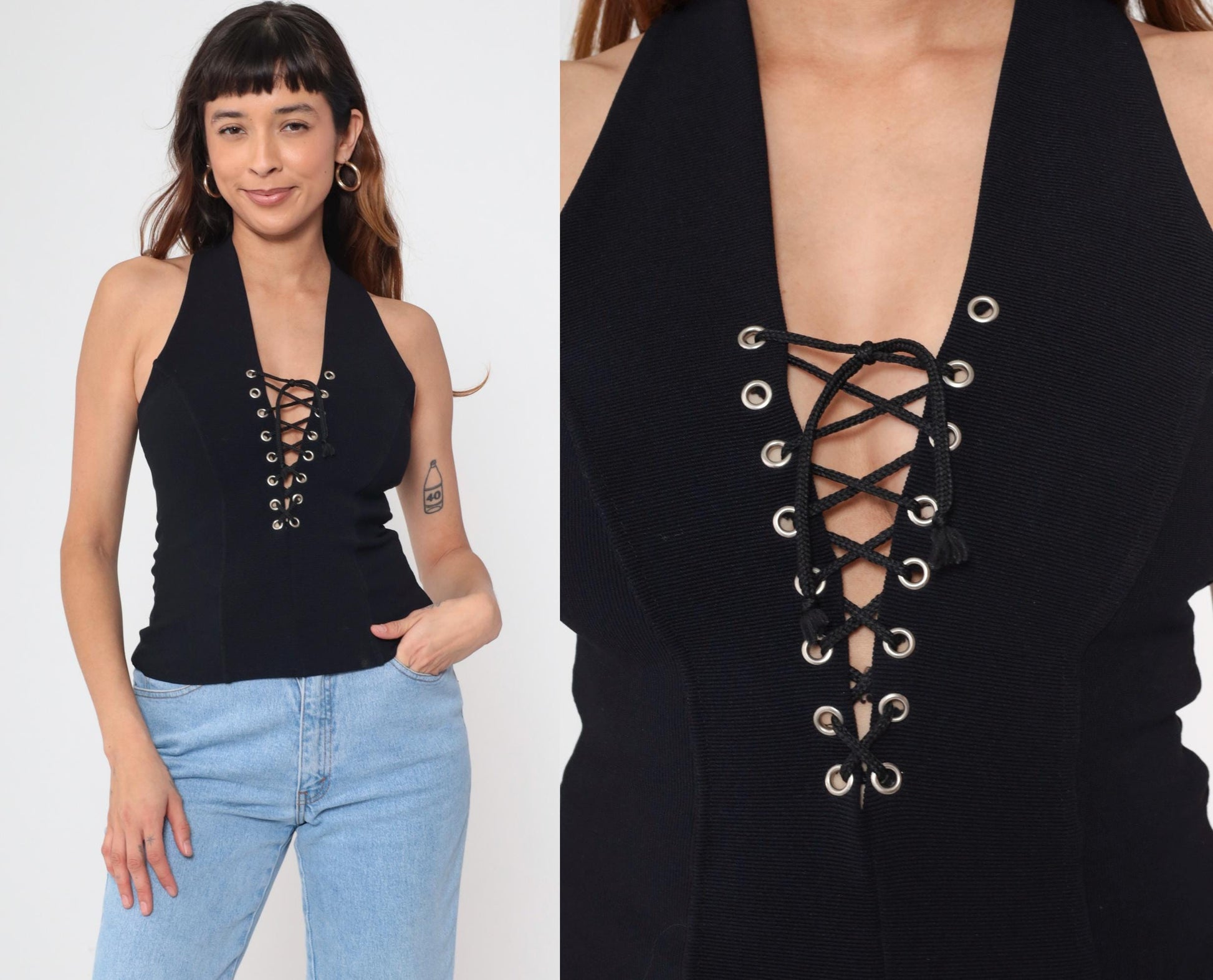 Y2K Black Lace-Up Corset Tank Top Racerback Sleeveless Small S