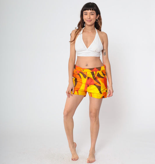 70s Kamehameha Hawaii Board Shorts Abstract Print Orange Yellow Medium