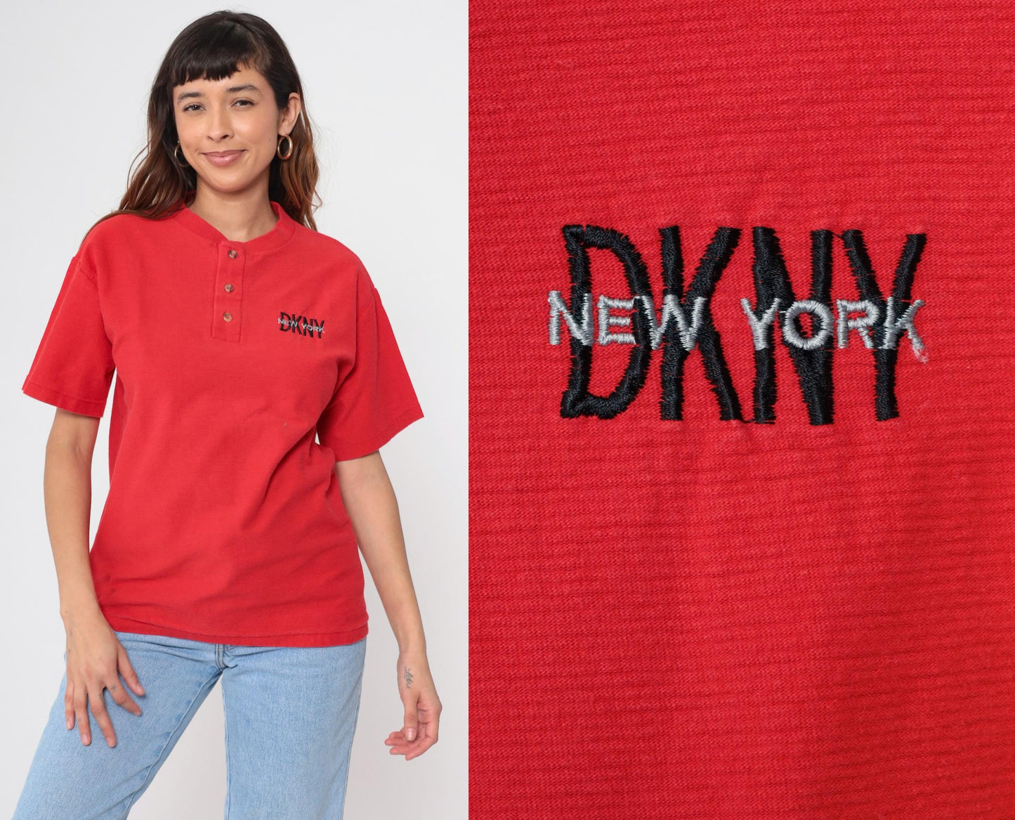 90s DKNY Henley Shirt Red Cotton Short Sleeve Button Up Medium M