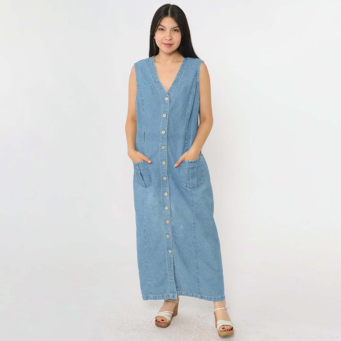 90s Studio Ease Blue Denim Jumper Dress Sleeveless V Neck Maxi Medium M
