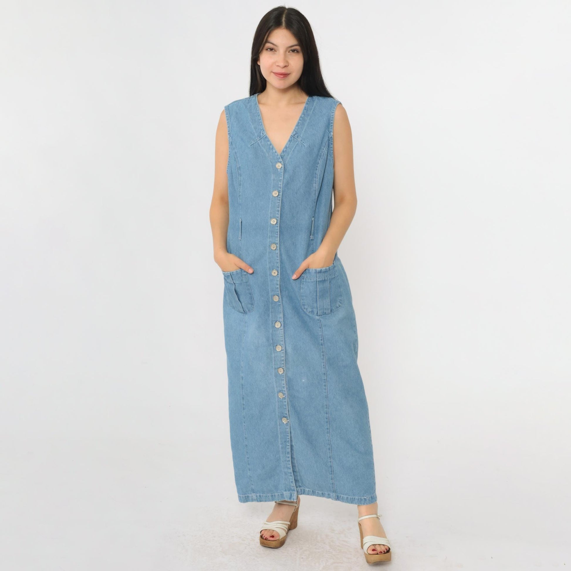 90s Studio Ease Blue Denim Jumper Dress Sleeveless V Neck Maxi Medium M