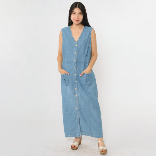 90s Studio Ease Blue Denim Jumper Dress Sleeveless V Neck Maxi Medium M
