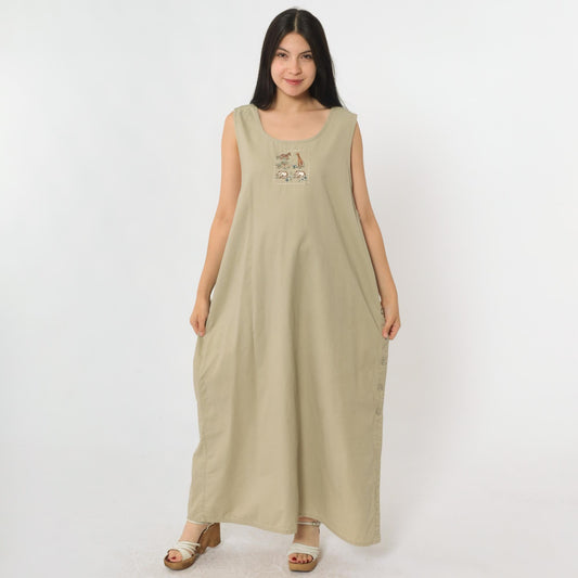 90s Safari Jumper Dress Khaki Embroidered Animals Maxi Sleeveless Extra Large XXL