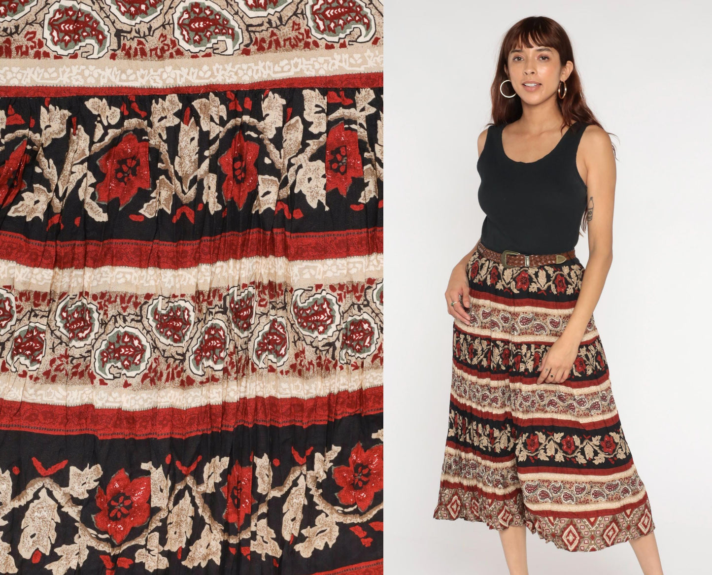 90s Black Floral Paisley Broomstick Midi Dress High Waist Sleeveless Medium