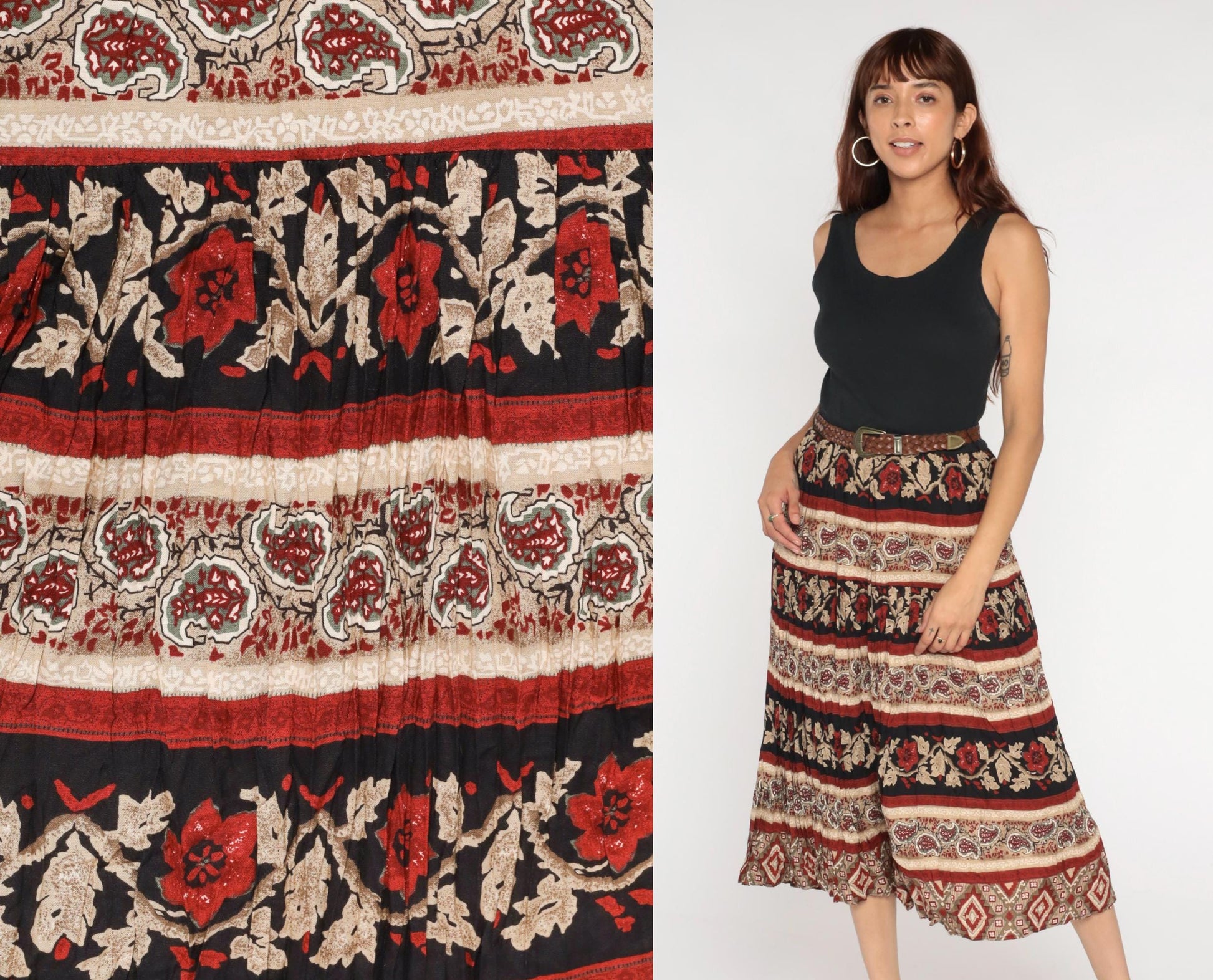90s Black Floral Paisley Broomstick Midi Dress High Waist Sleeveless Medium