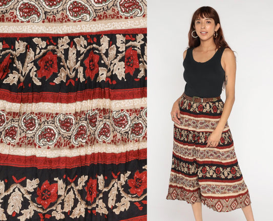 90s Black Floral Paisley Broomstick Midi Dress High Waist Sleeveless Medium