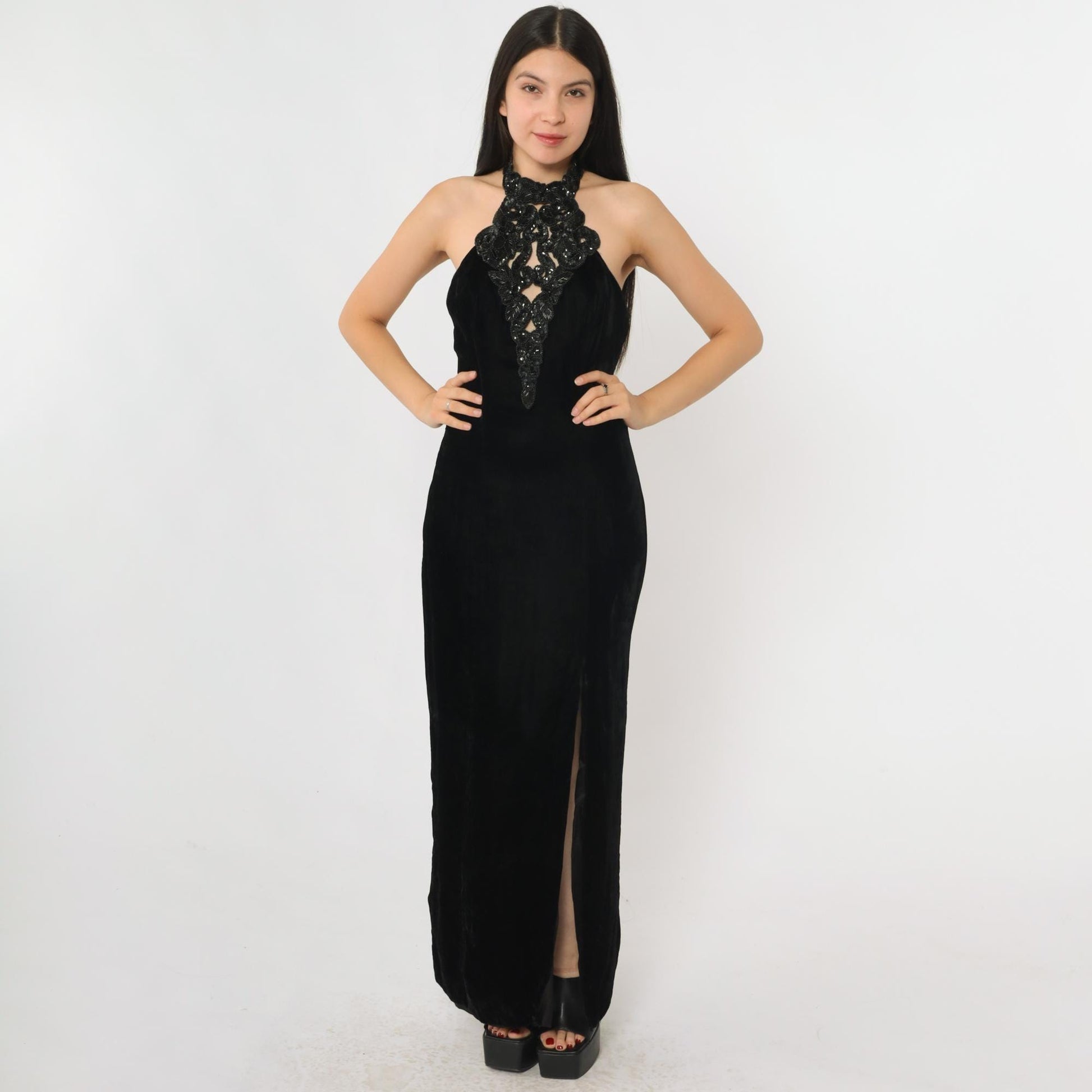 90s Hugo Buscati Milano Black Velvet Beaded Halter Maxi Dress Open Back Small