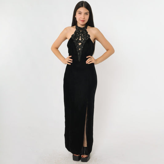 90s Hugo Buscati Milano Black Velvet Beaded Halter Maxi Dress Open Back Small