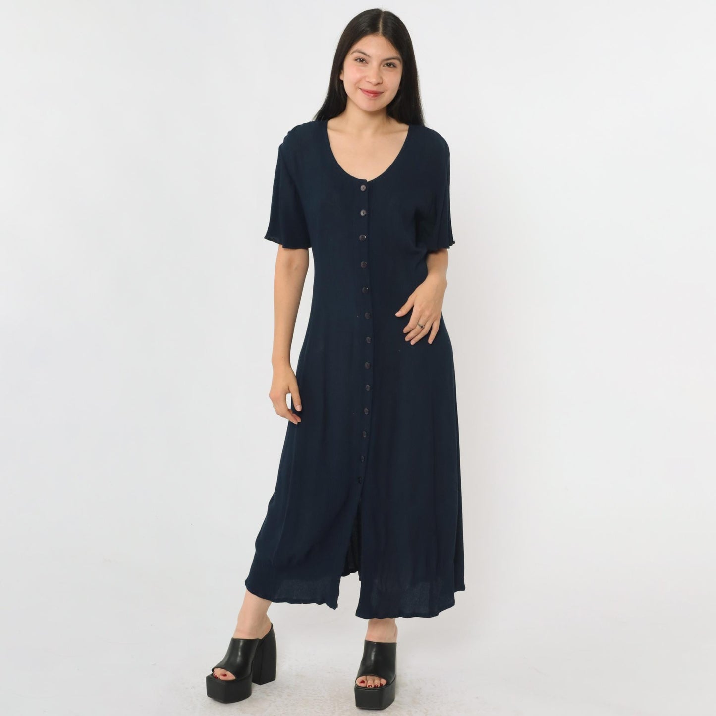 90s Navy Crinkled Rayon Button-Up Shirtdress Ankle Length Medium