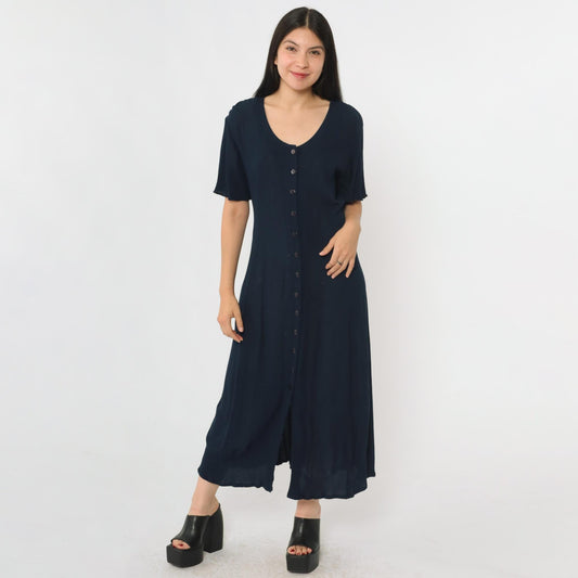 90s Navy Crinkled Rayon Button-Up Shirtdress Ankle Length Medium