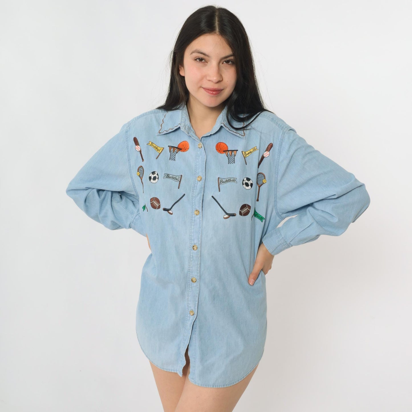90s Westbound Denim Button Up Shirt Embroidered Sports Design Blue Medium M