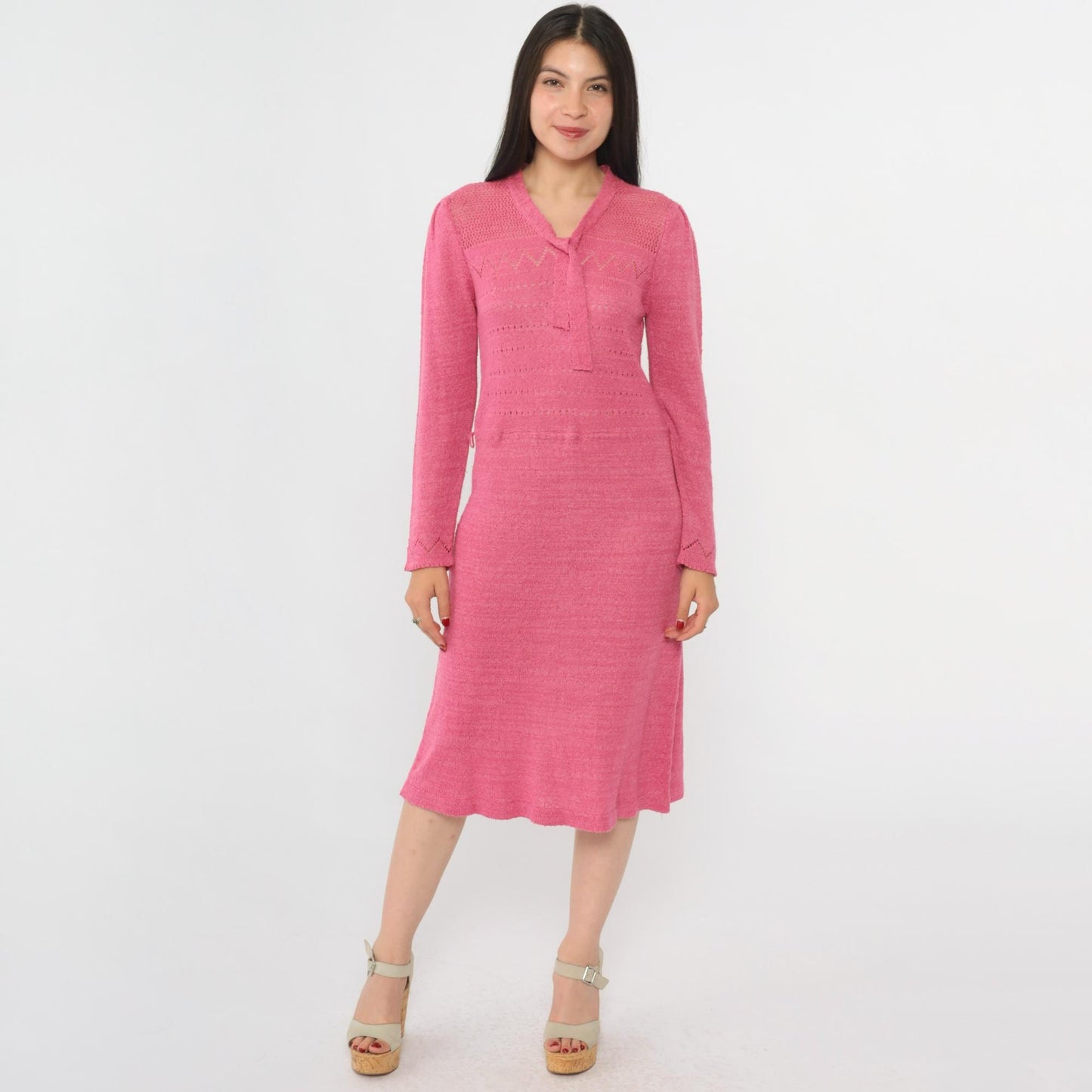80s Pink Pointelle Knit Midi Dress Tie Neck Puff Sleeve Medium