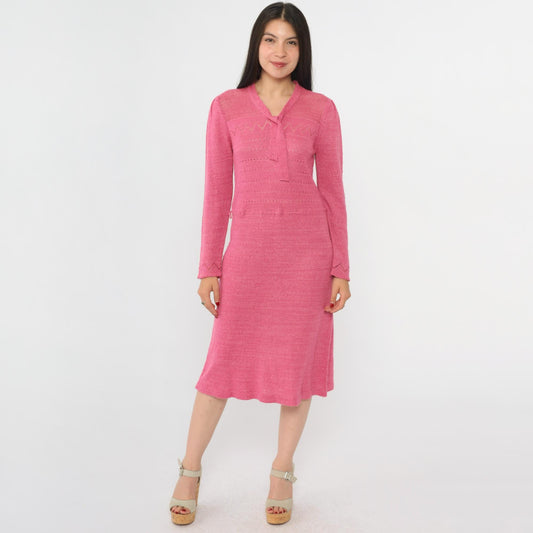 80s Pink Pointelle Knit Midi Dress Tie Neck Puff Sleeve Medium