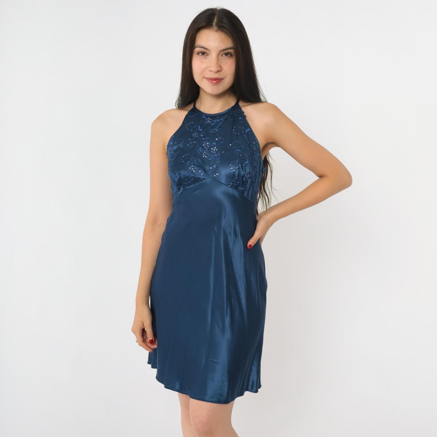 90s Zum Zum Midnight Blue Sequin Floral Halter Mini Dress Small
