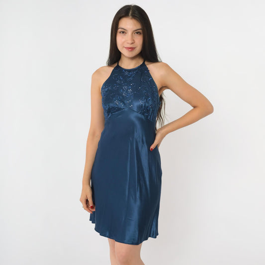 90s Zum Zum Midnight Blue Sequin Floral Halter Mini Dress Small