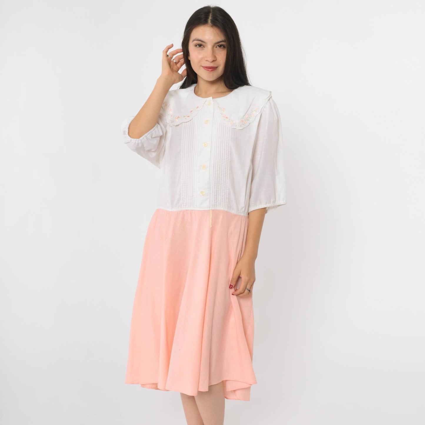 80s Leslie Fay Peter Pan Collar Midi Dress White Peach Floral Embroidered Extra Large