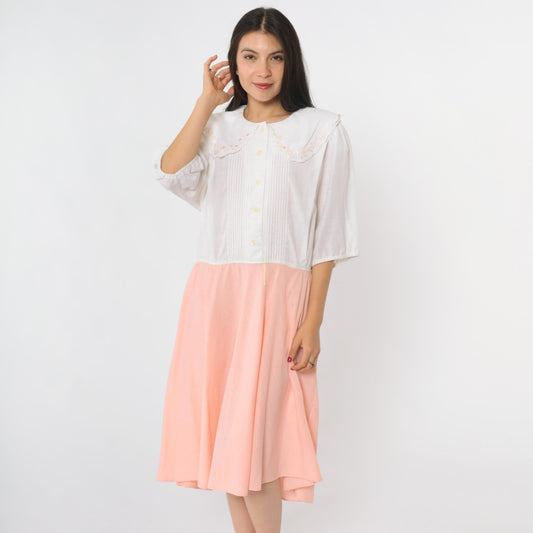 80s Leslie Fay Peter Pan Collar Midi Dress White Peach Floral Embroidered Extra Large