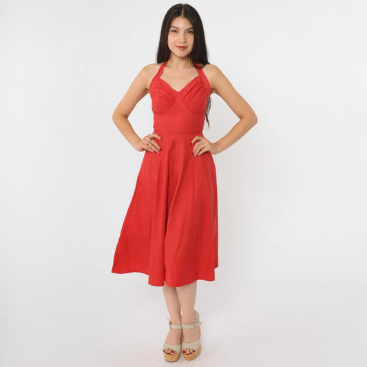 1950s Red Halter Sweetheart Midi Dress Full Skirt XXS